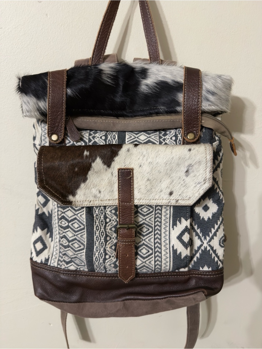 Myra Vibe with Me Backpack Upcycled Aztec Print Canvas Leather Cowhide Bag